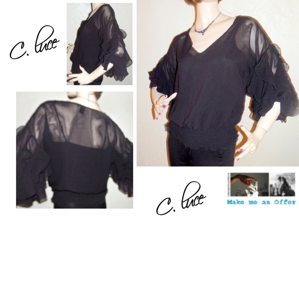 Cluce NWOT Black Sheer Ruffle Sleeves Blouse Size
